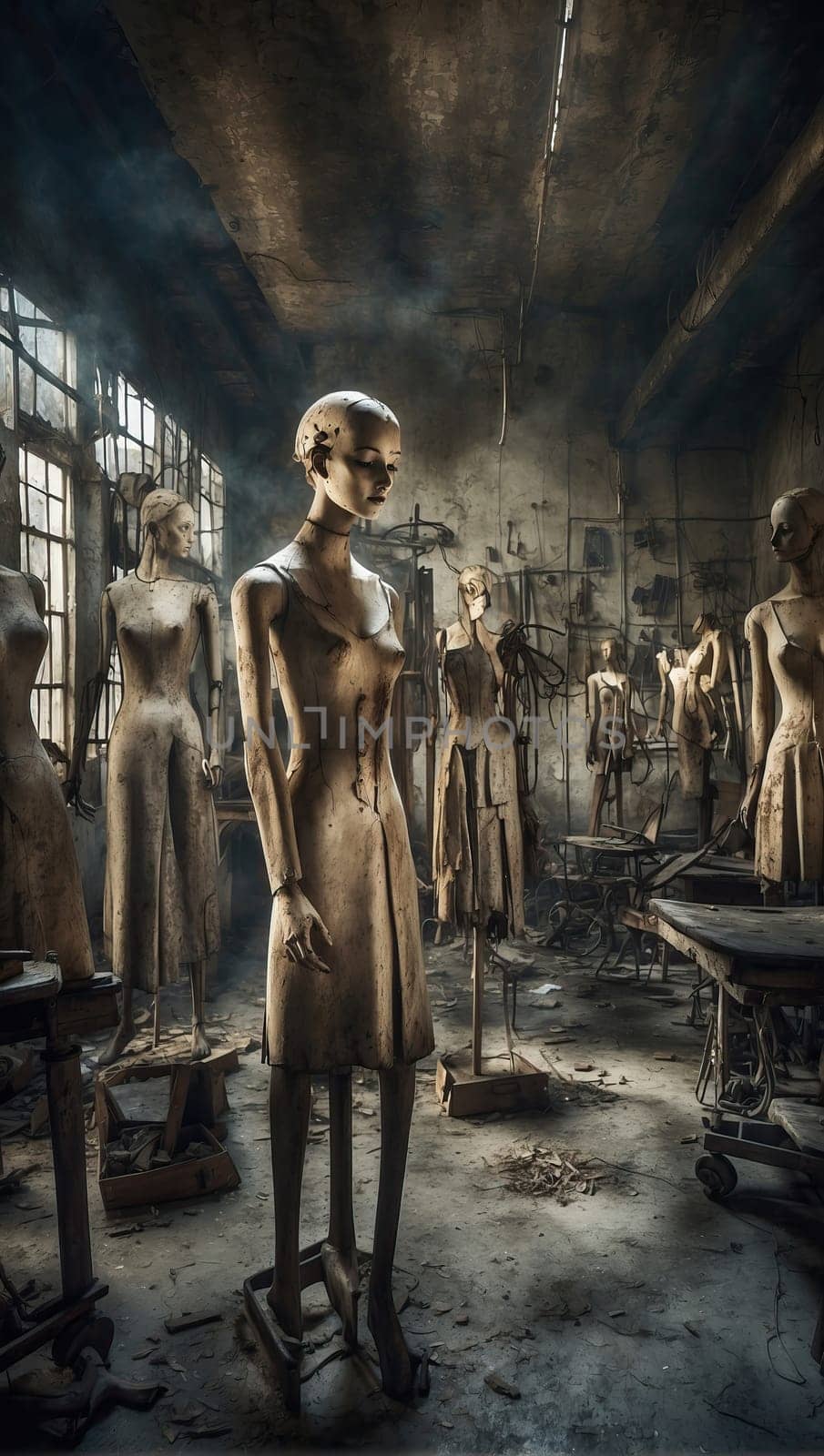 Factory of broken female mannequins. AI generated