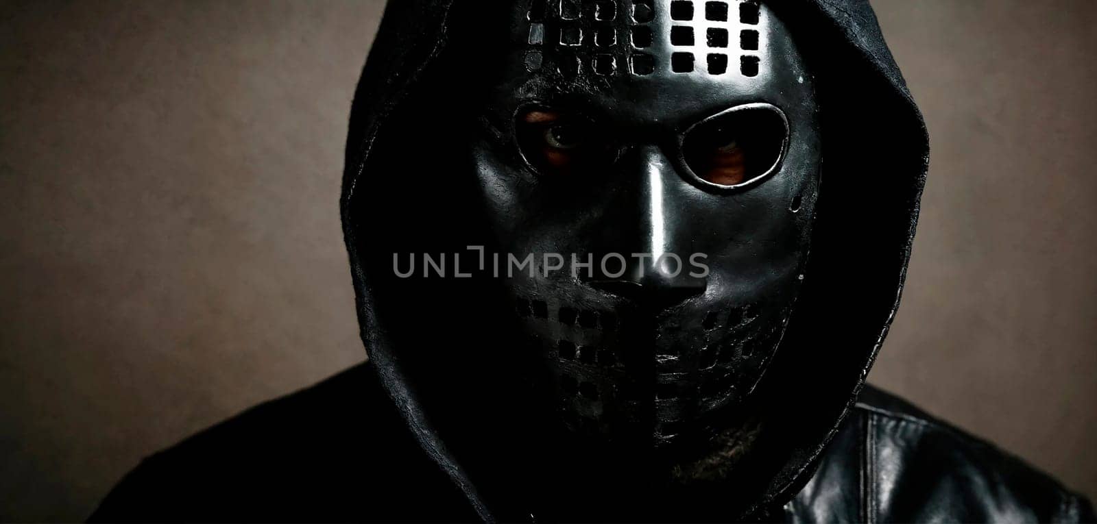 Criminal in a black mask. Close-up. Generative AI. High quality photo