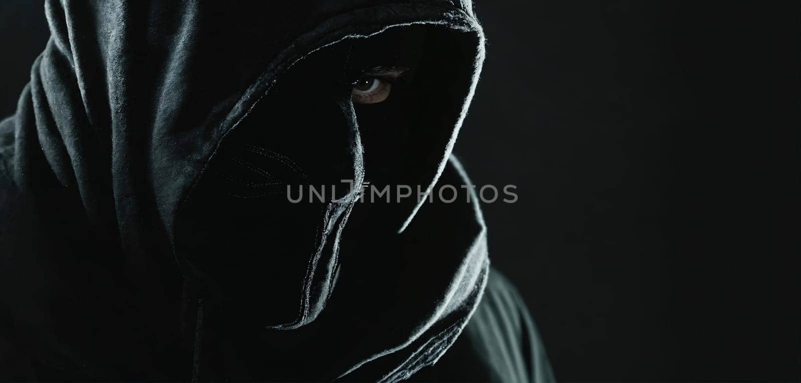 Criminal in a black mask. Close-up. Generative AI. High quality photo