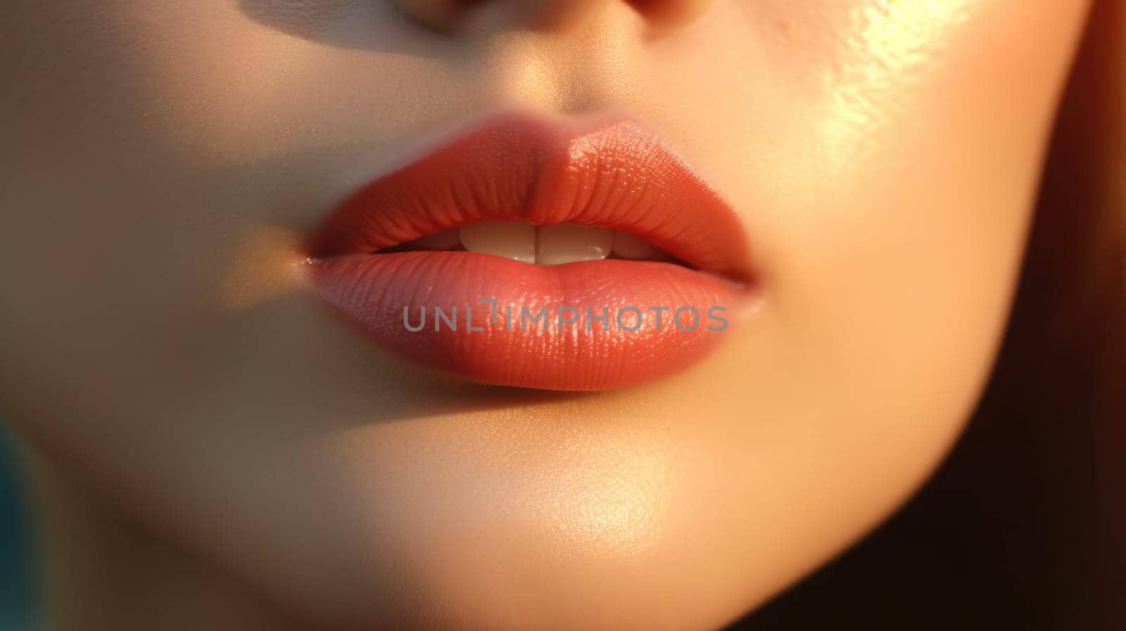 close up portrait of a woman red lips skin care, ai