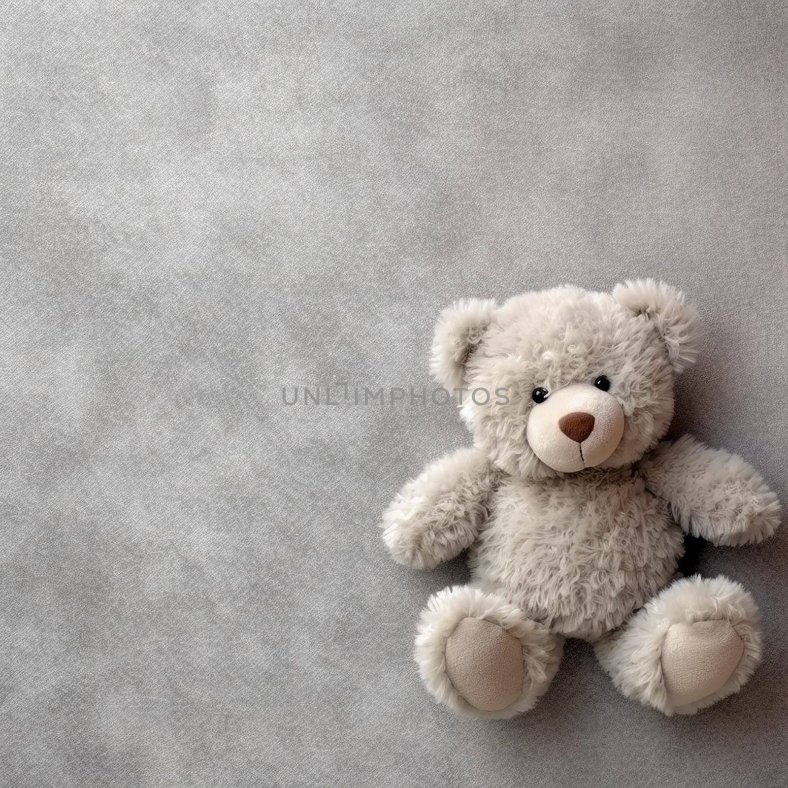 Plush teddy bear lying on a textured grey background.