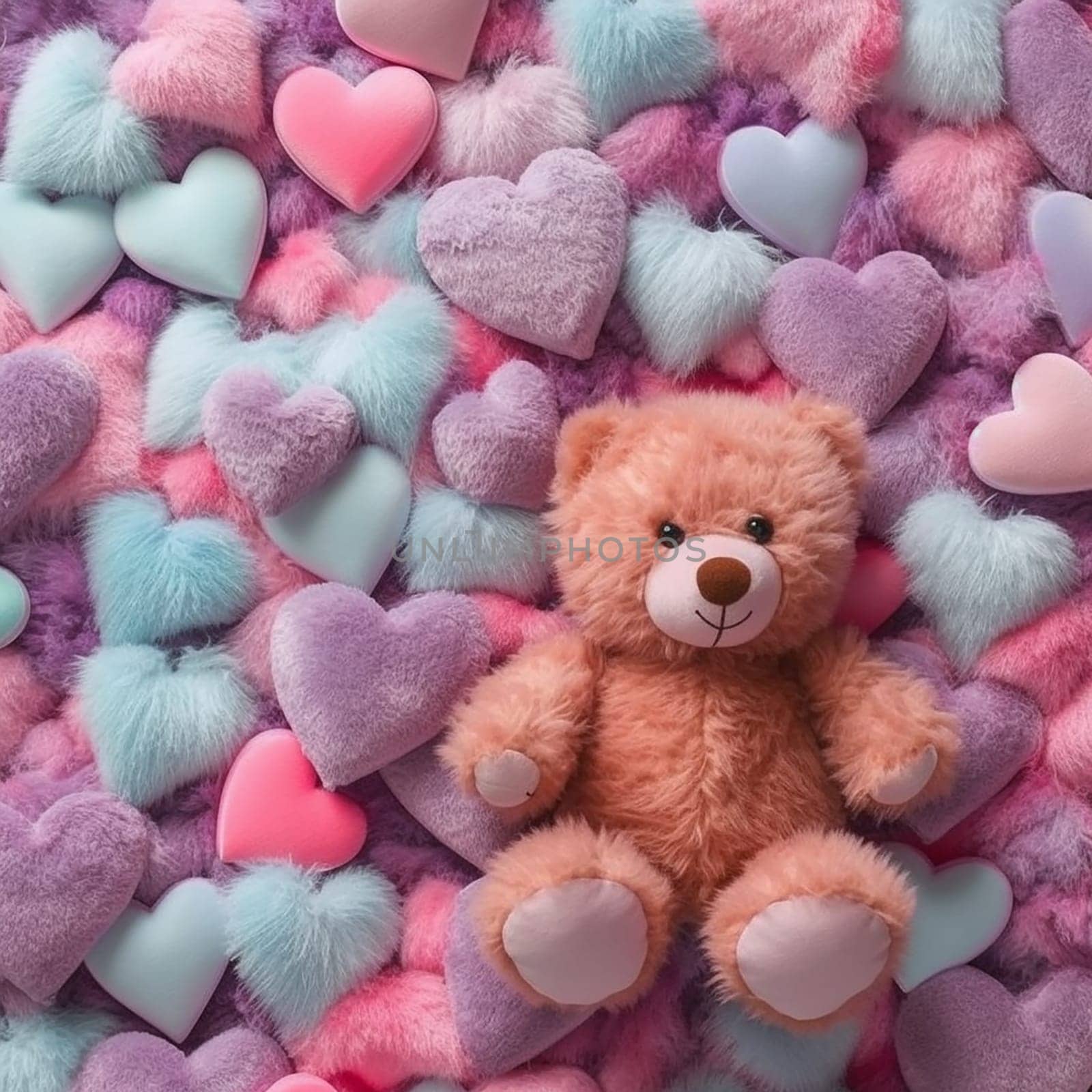 A teddy bear surrounded by colorful hearts on a fluffy background.