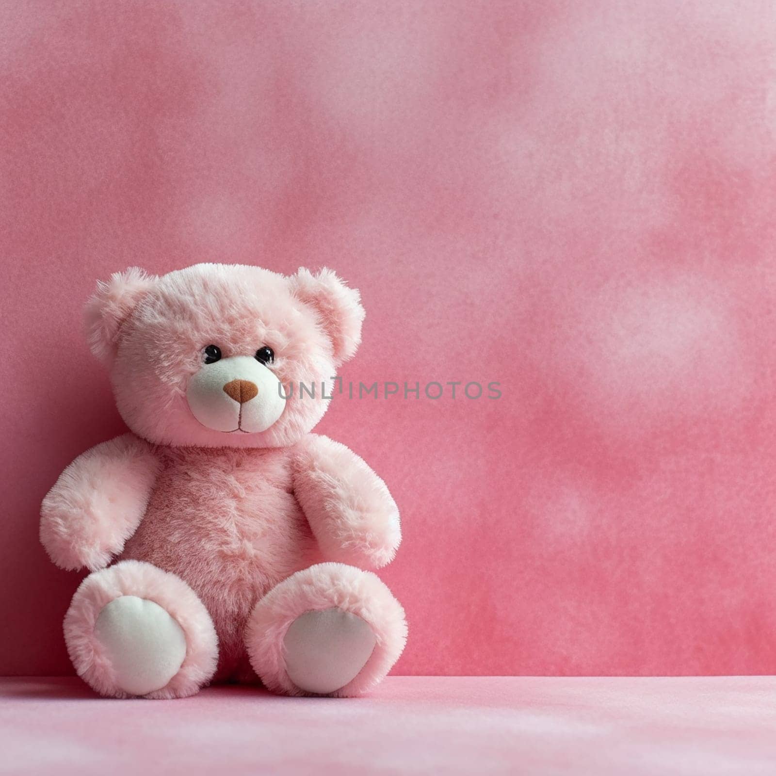 Pink teddy bear sitting against a light pink background.