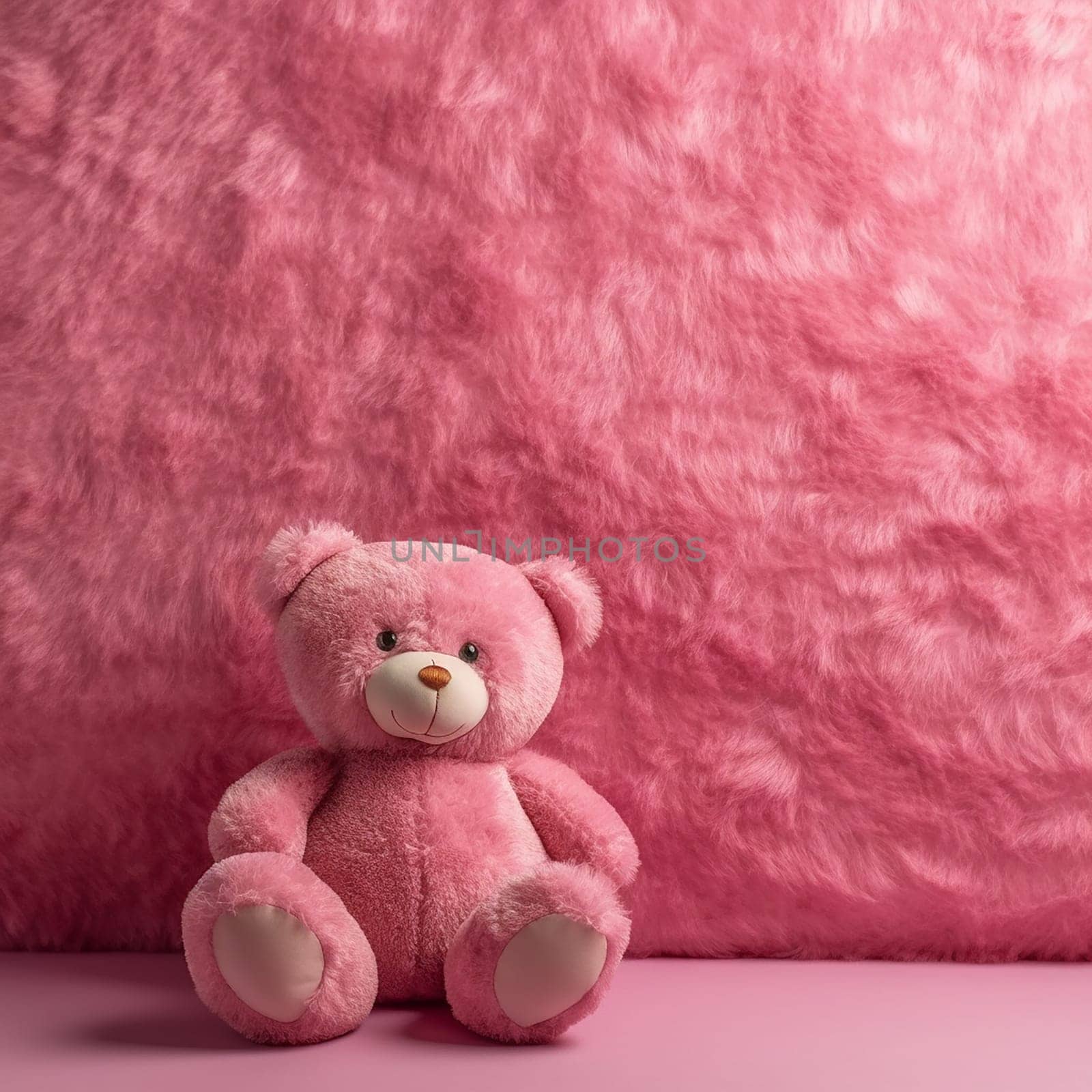A pink teddy bear sits against a pink fluffy background.