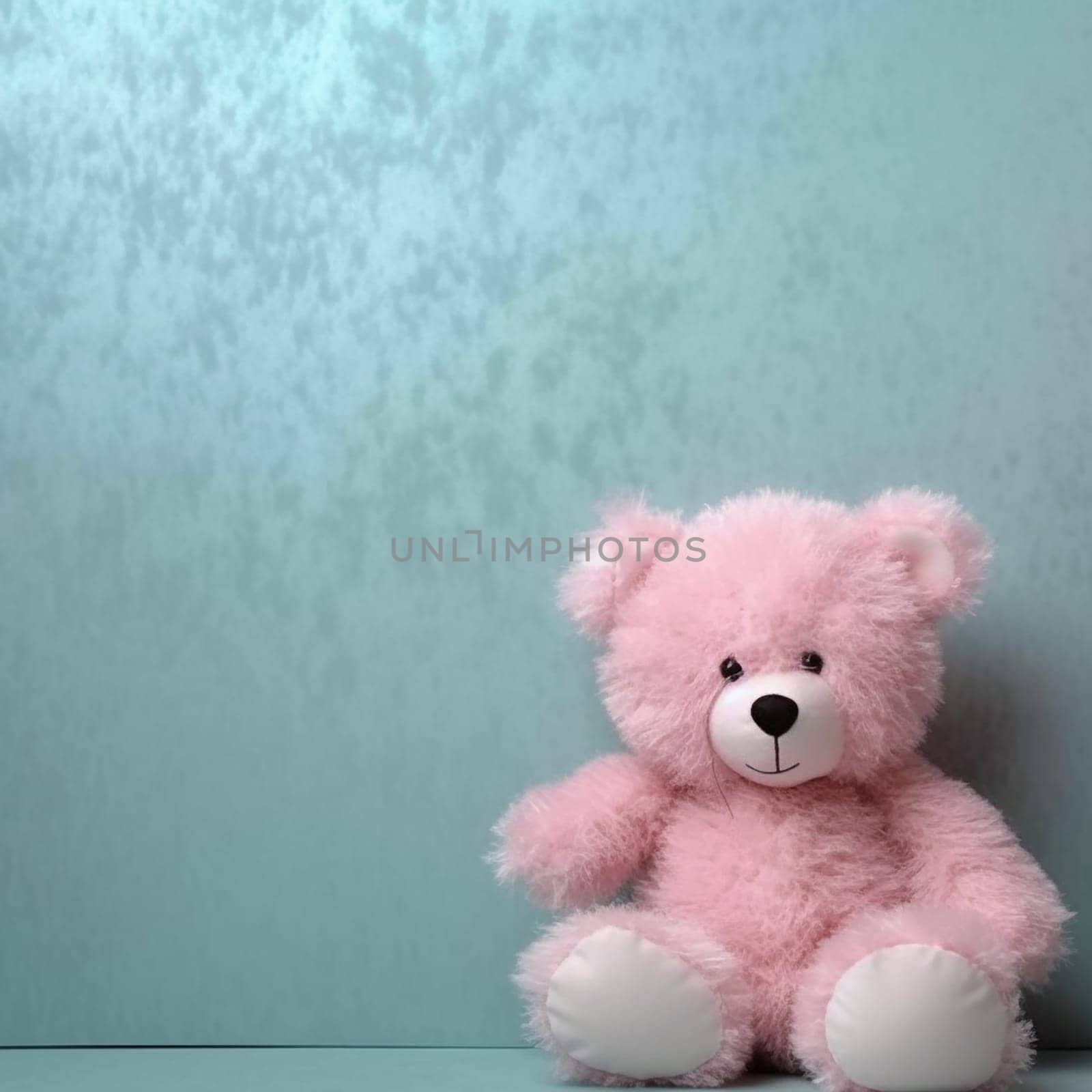 A pink teddy bear sitting against a blue textured background.