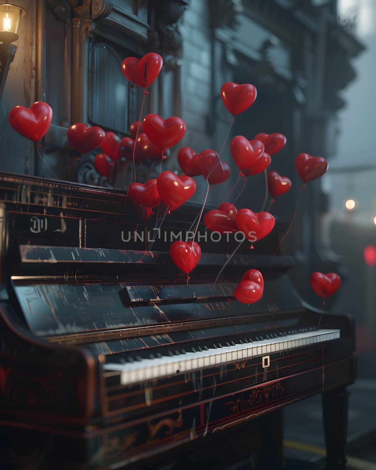 A piano adorned with heartshaped balloon flowers, creating a whimsical and romantic atmosphere. The musical instrument stands out against the building backdrop, with petals floating in the sky