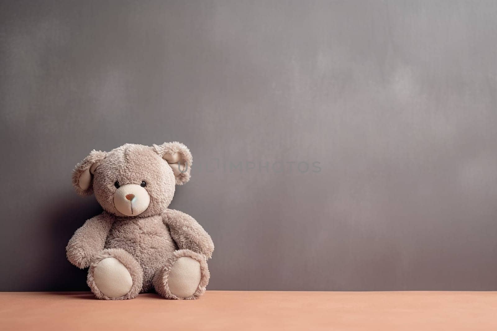 A grey teddy bear sitting on a wooden surface against a plain background