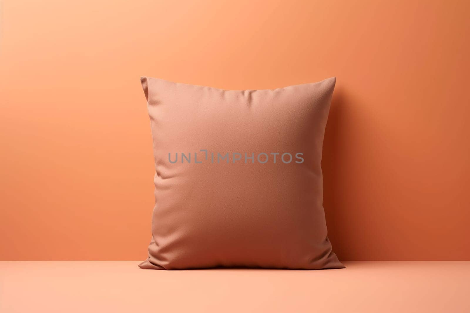 Simple beige pillow on a seamless peach background.