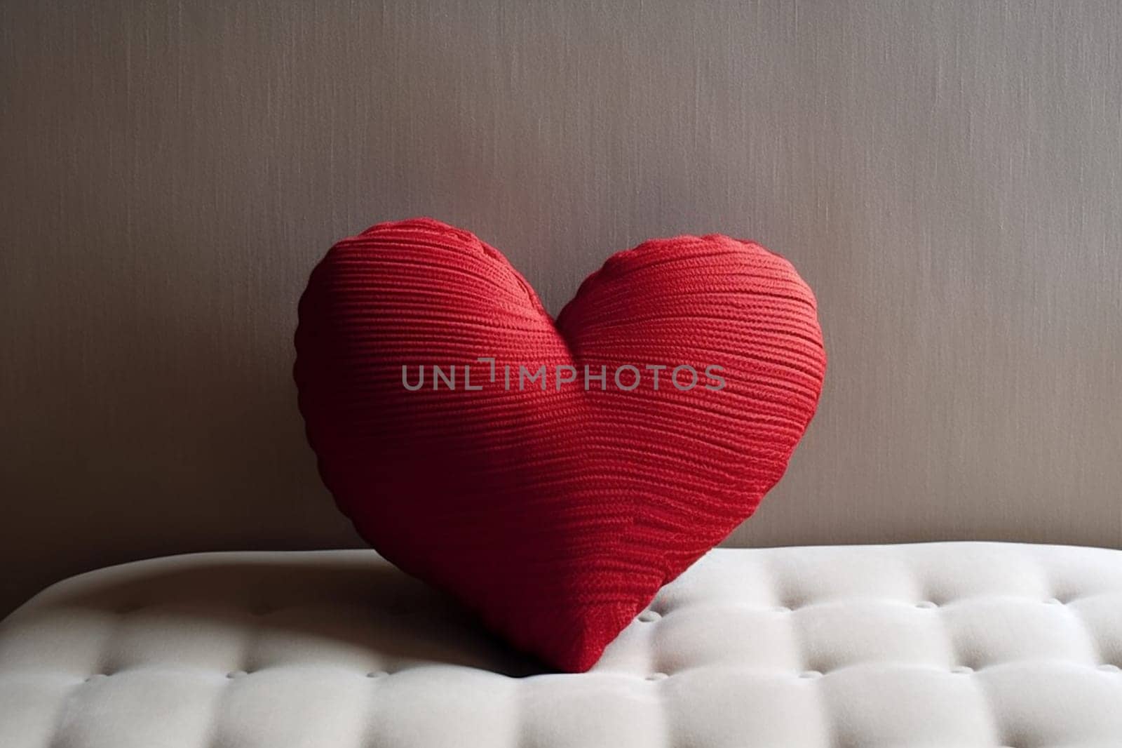 A red knitted heart cushion on a white textured surface.