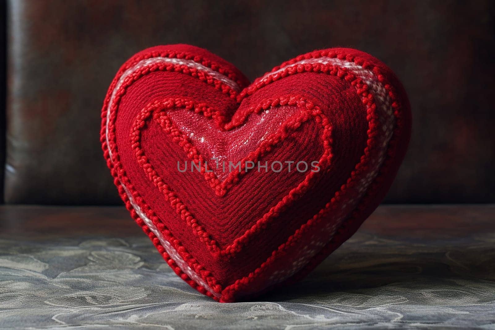 A knitted red heart-shaped cushion on a dark textured background.