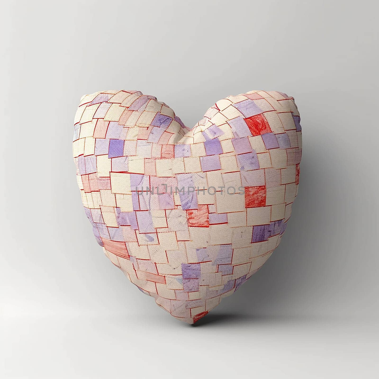 A mosaic heart sculpture with a pattern of pink and purple tiles.