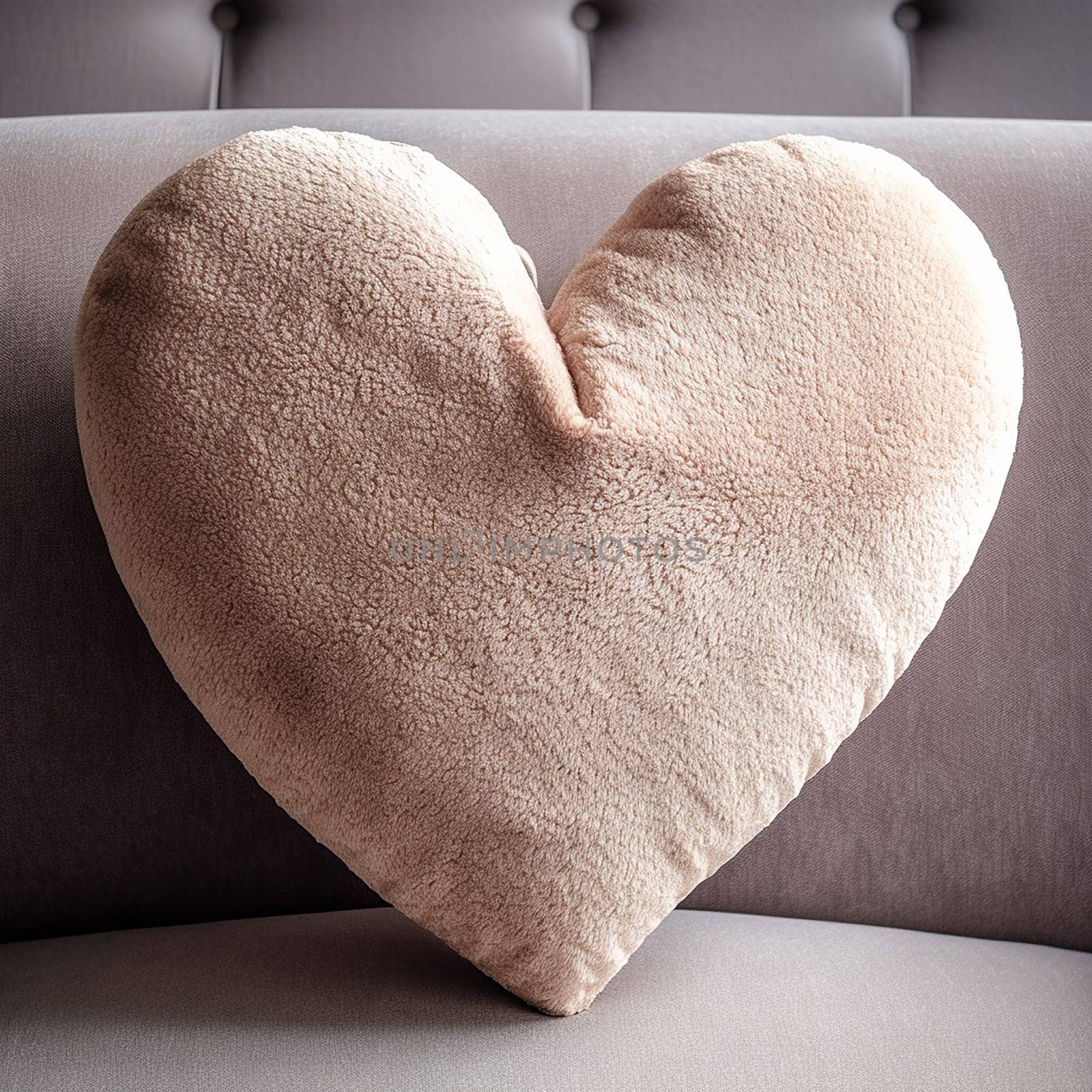 Plush heart-shaped pillow on a gray couch. by Hype2art