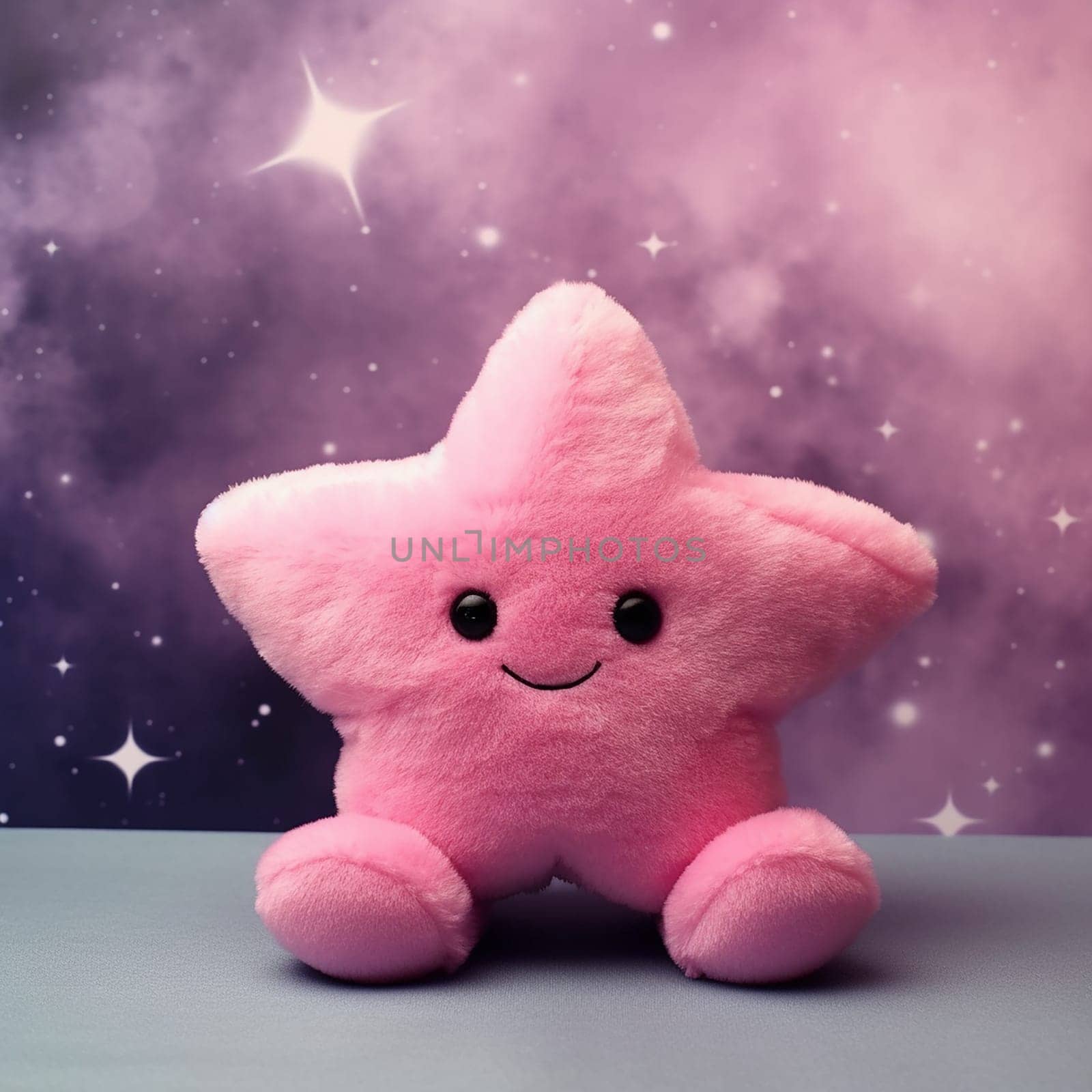 Cute pink plush star with a smile against a starry background