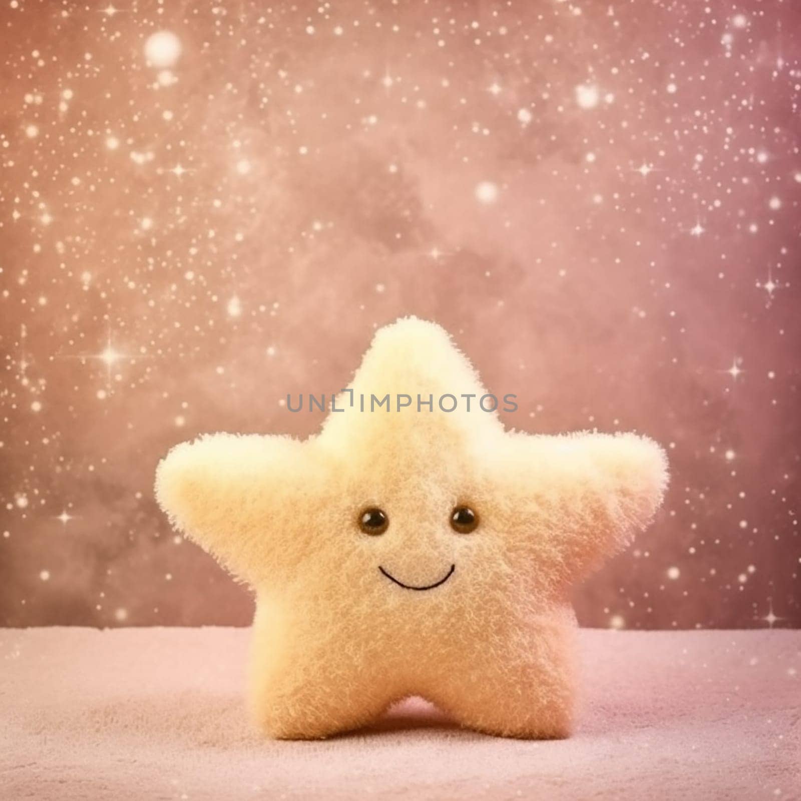 A smiling plush star against a glittery pink backdrop.