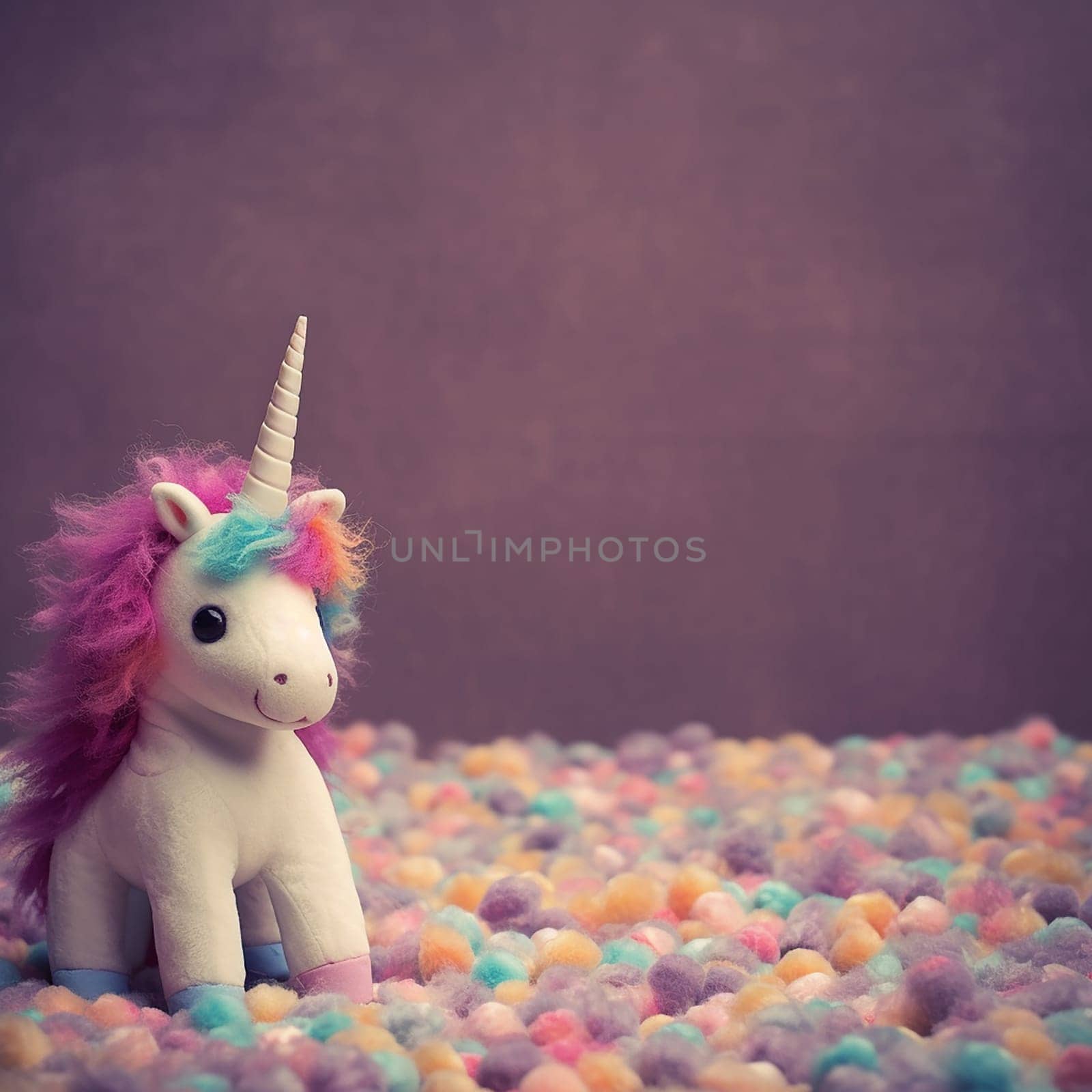 Toy unicorn on a colorful background of soft, pastel beads.