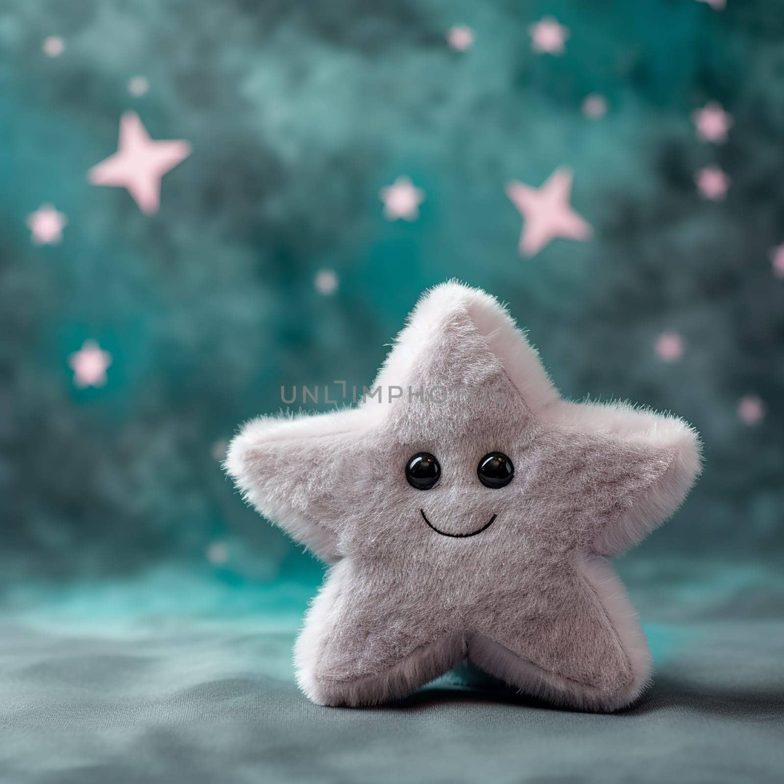 A plush star with a cute face sits against a starry background