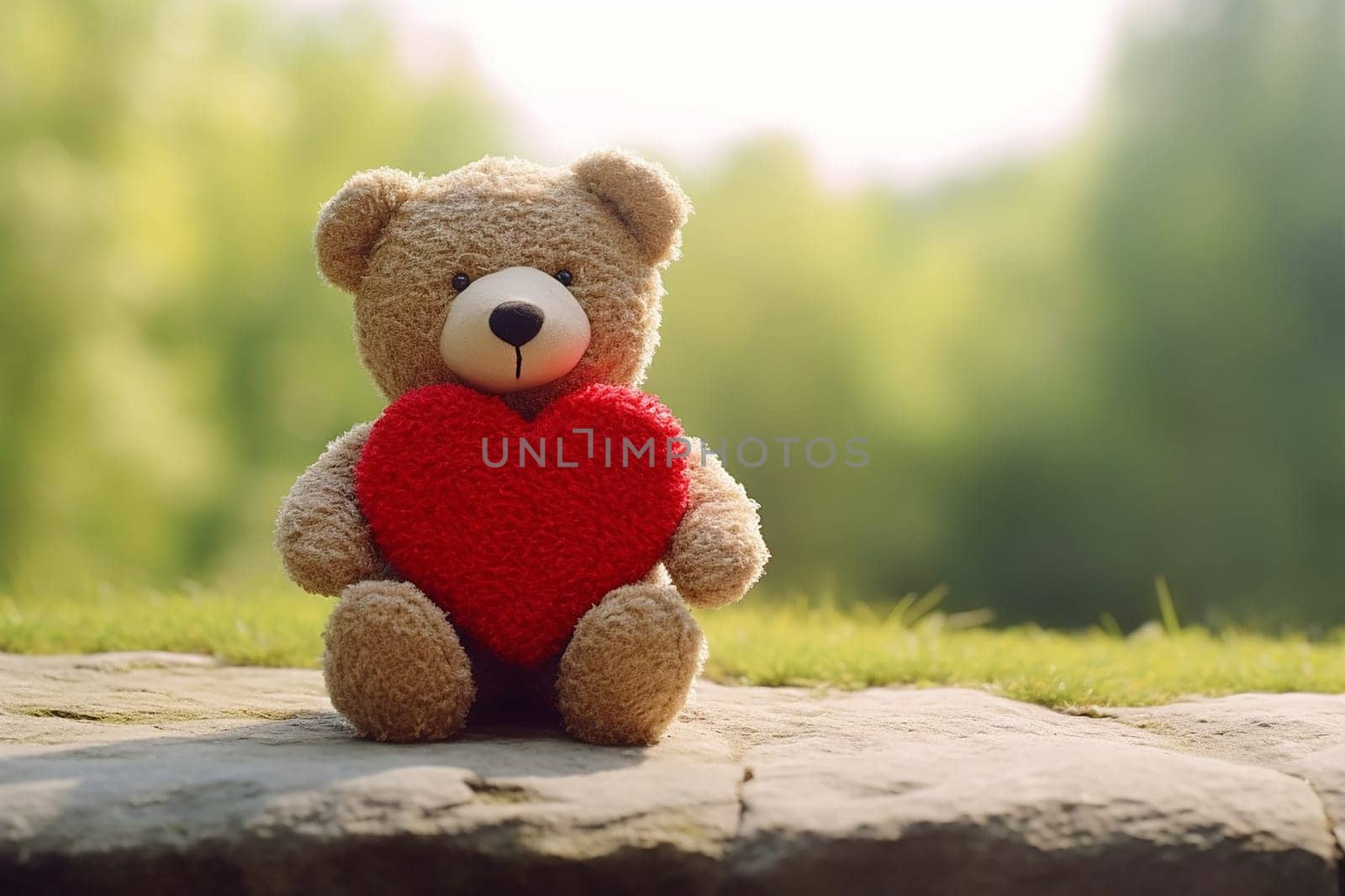 A teddy bear holding a red heart outdoors with natural background.