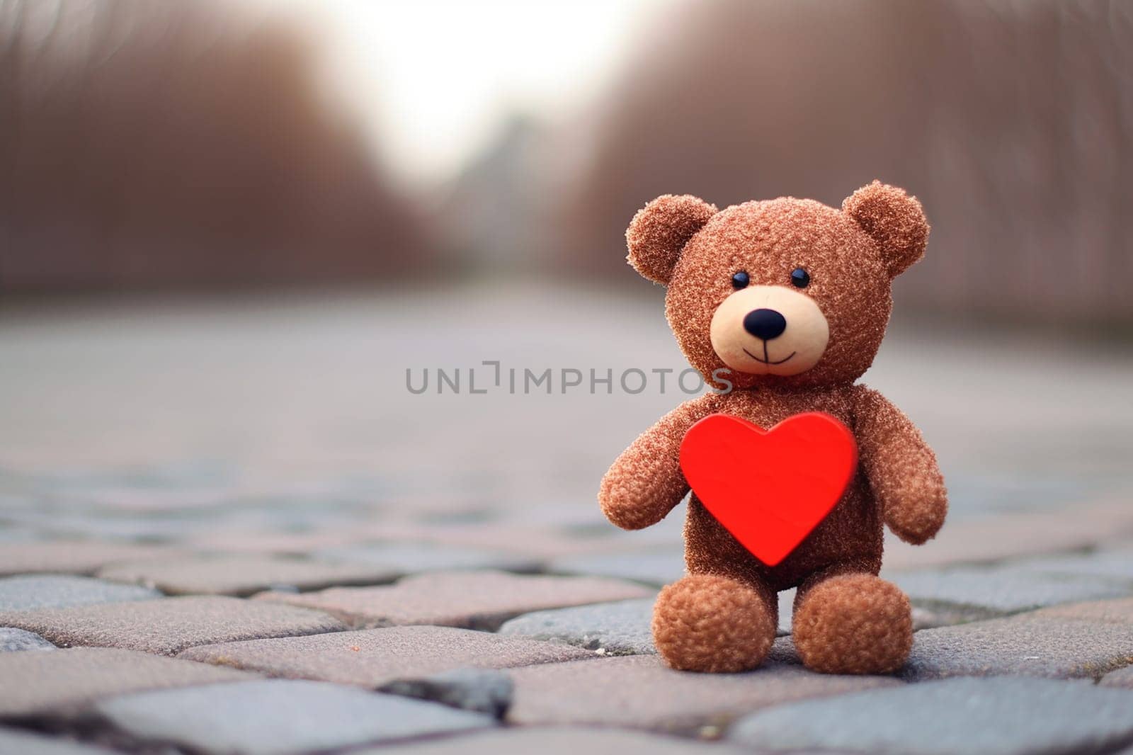 A brown teddy bear with a red heart on a cobblestone surface.