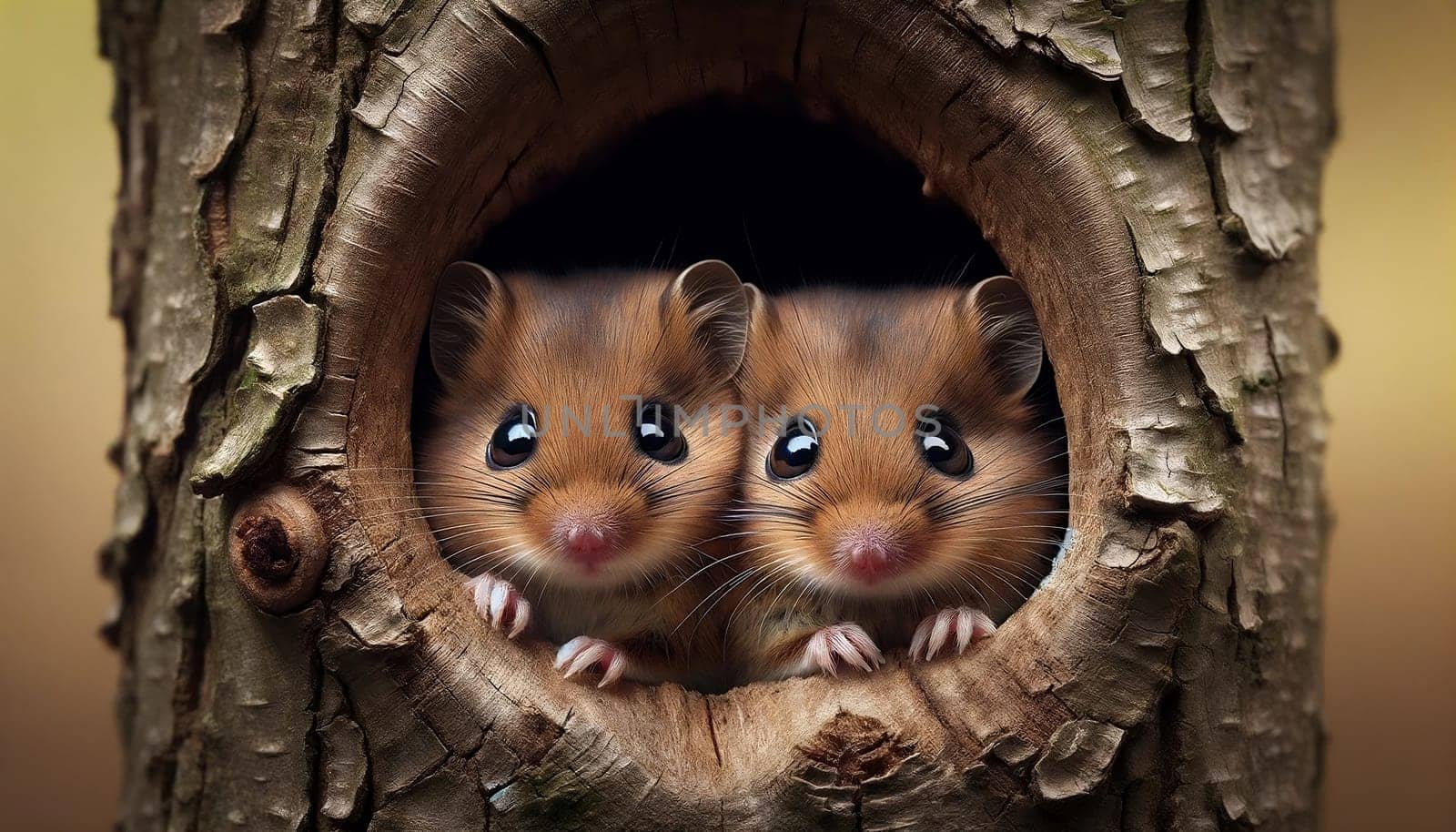 Two adorable hazel dormouse looking out of a tree hole, Close Up. High quality photo