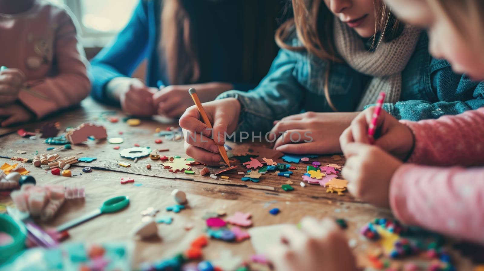 A family enjoys quality time together, engaging in arts and crafts at a colorful and messy home workstation, fostering creativity. AIG41