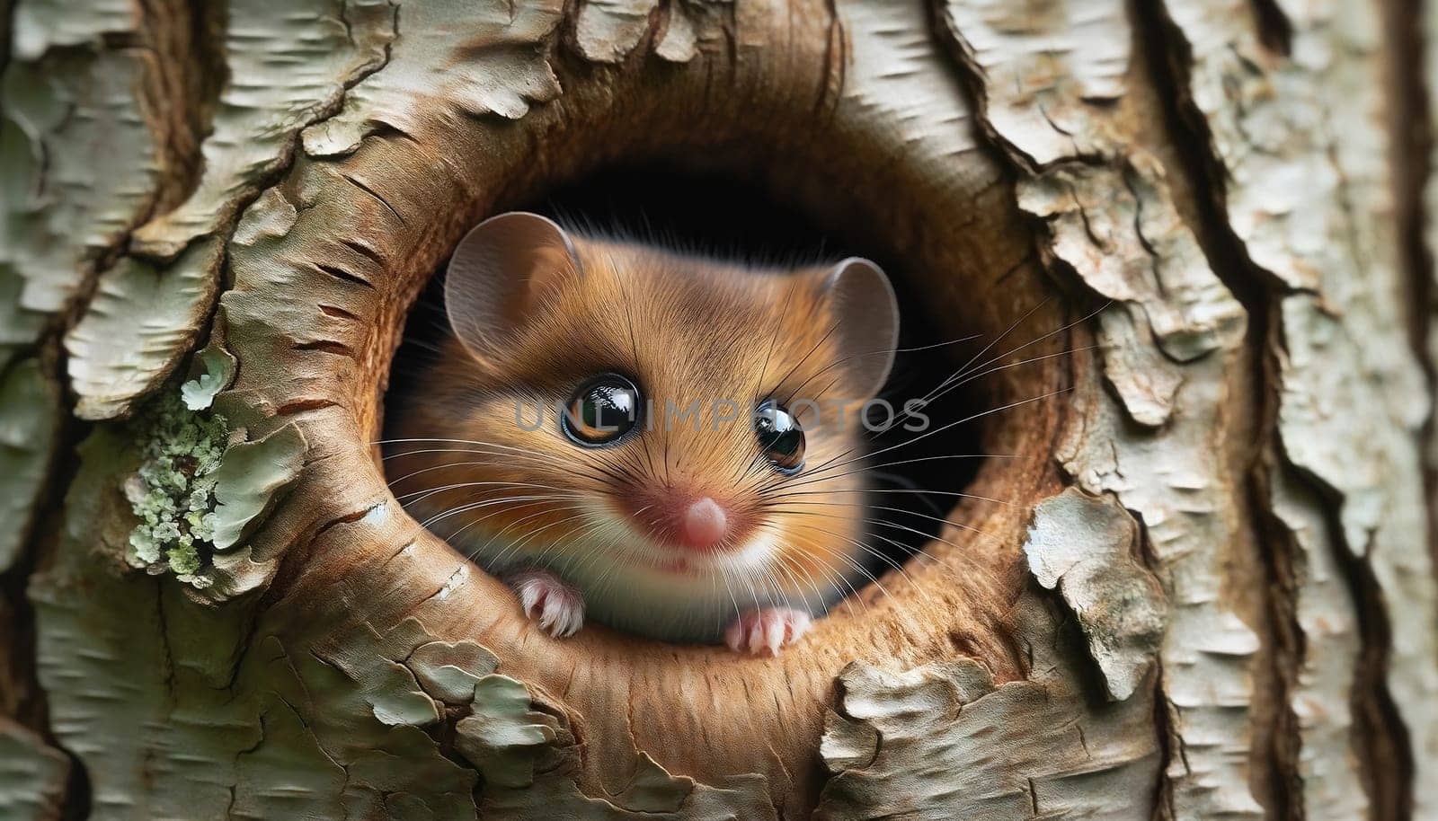 One adorable hazel dormouse looking out of a tree hole, Close Up by SweCreatives