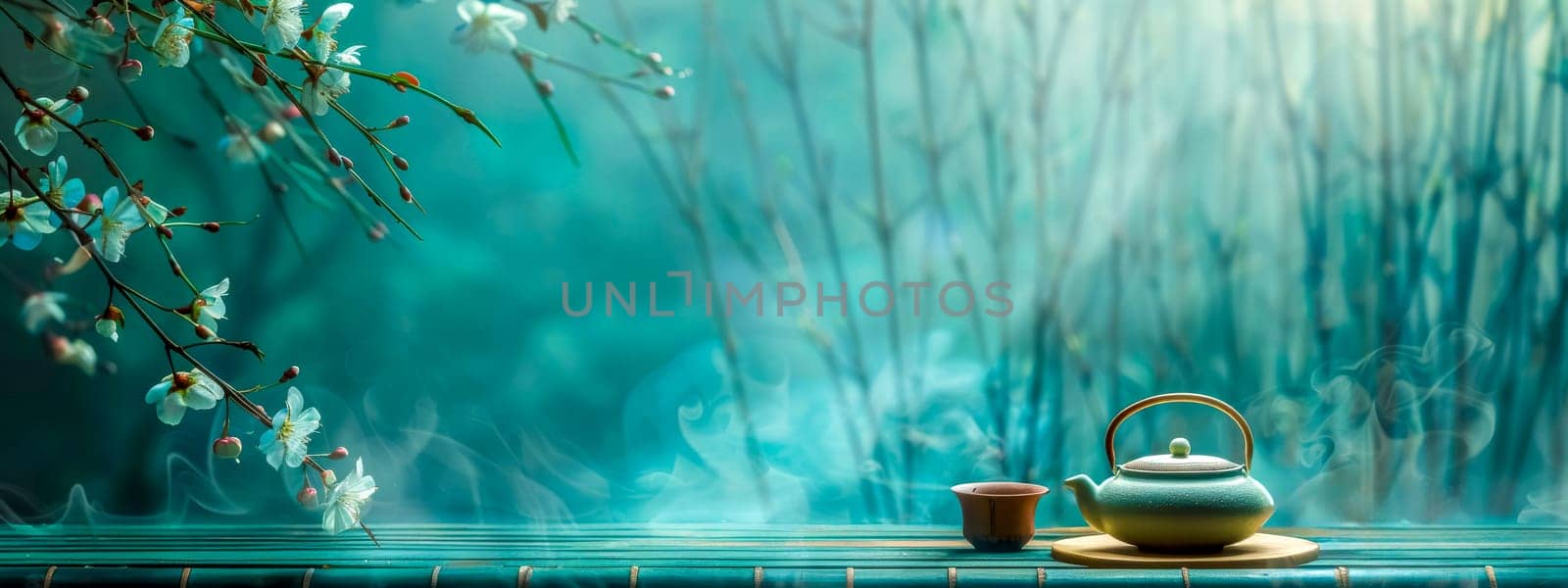 Misty morning with a ceramic tea set surrounded by blooming branches against a turquoise backdrop