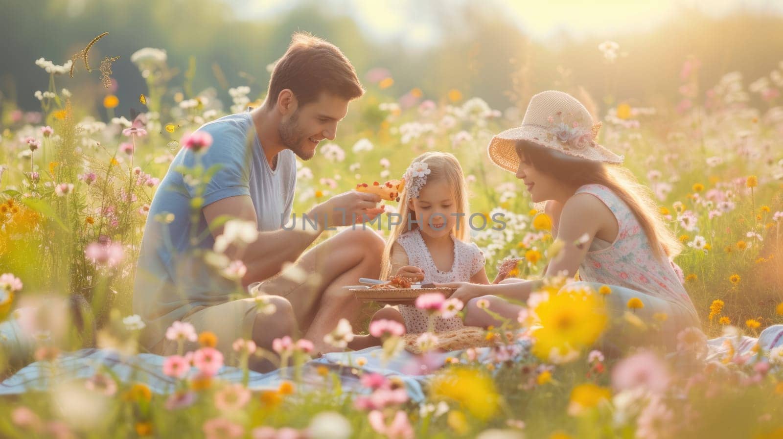 A happy family gathered in a natural landscape, enjoying a picnic amidst blooming flowers, lush grass, and under the warm sunlight. AIG41