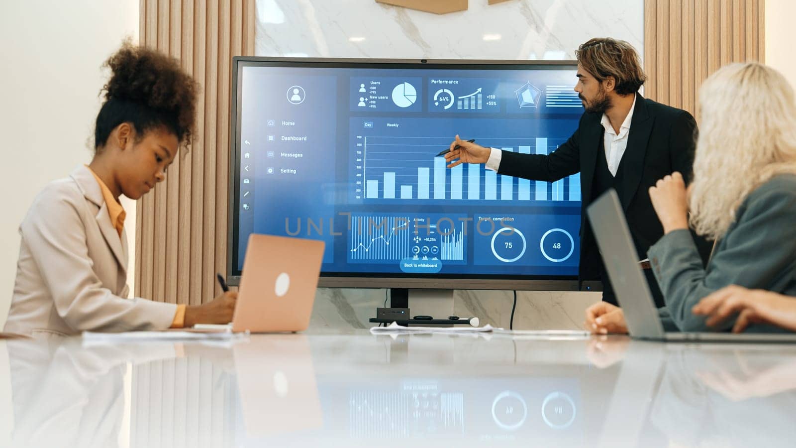 Presentation in office or ornament meeting room with analyst team utilize BI Fintech to analyze financial data. Businesspeople analyzing BI dashboard power display on TV screen for strategic planning