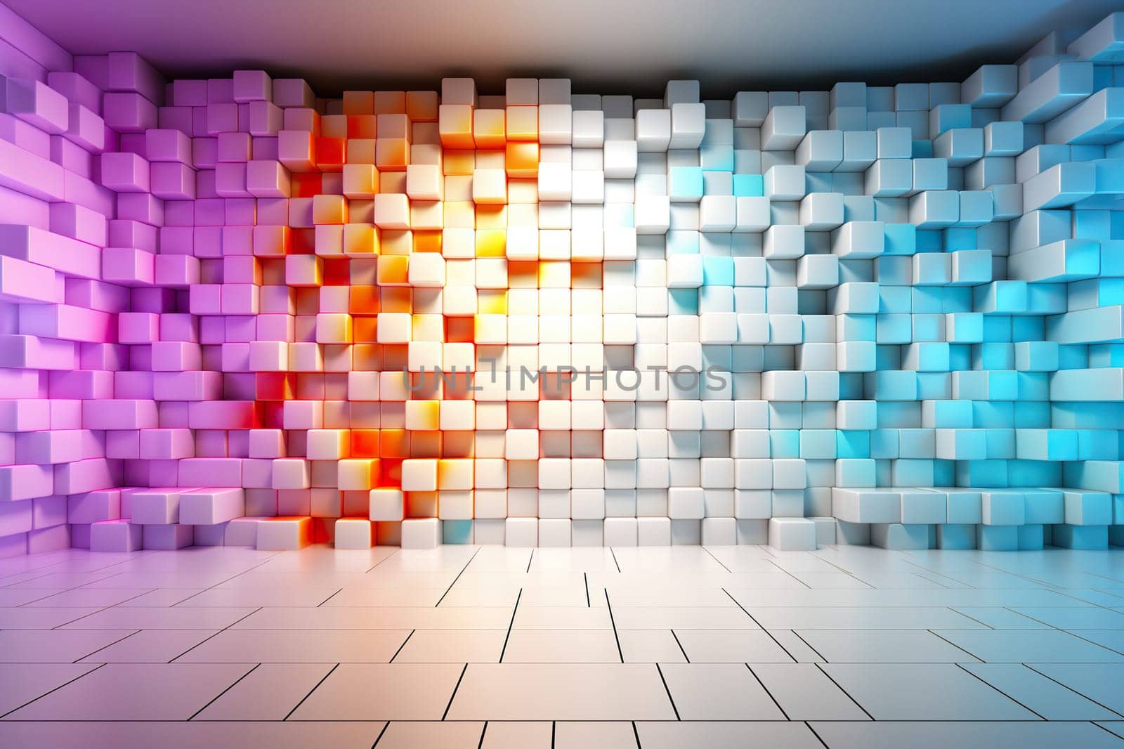 A wall with huge pixels and cubes of different colors. Abstract background.