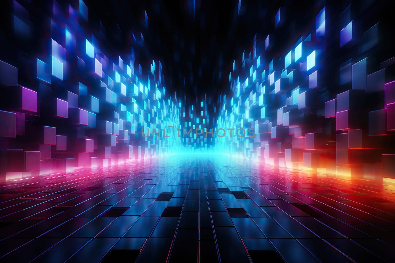 Neon cubic corridor, ultraviolet virtual reality portal.