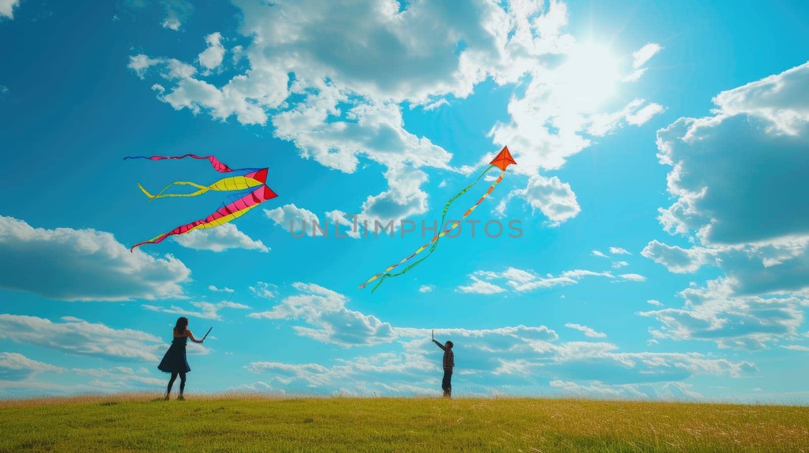 A group of people are flying kites in a grassy field under the azure sky with fluffy cumulus clouds floating in the atmosphere. AIG41