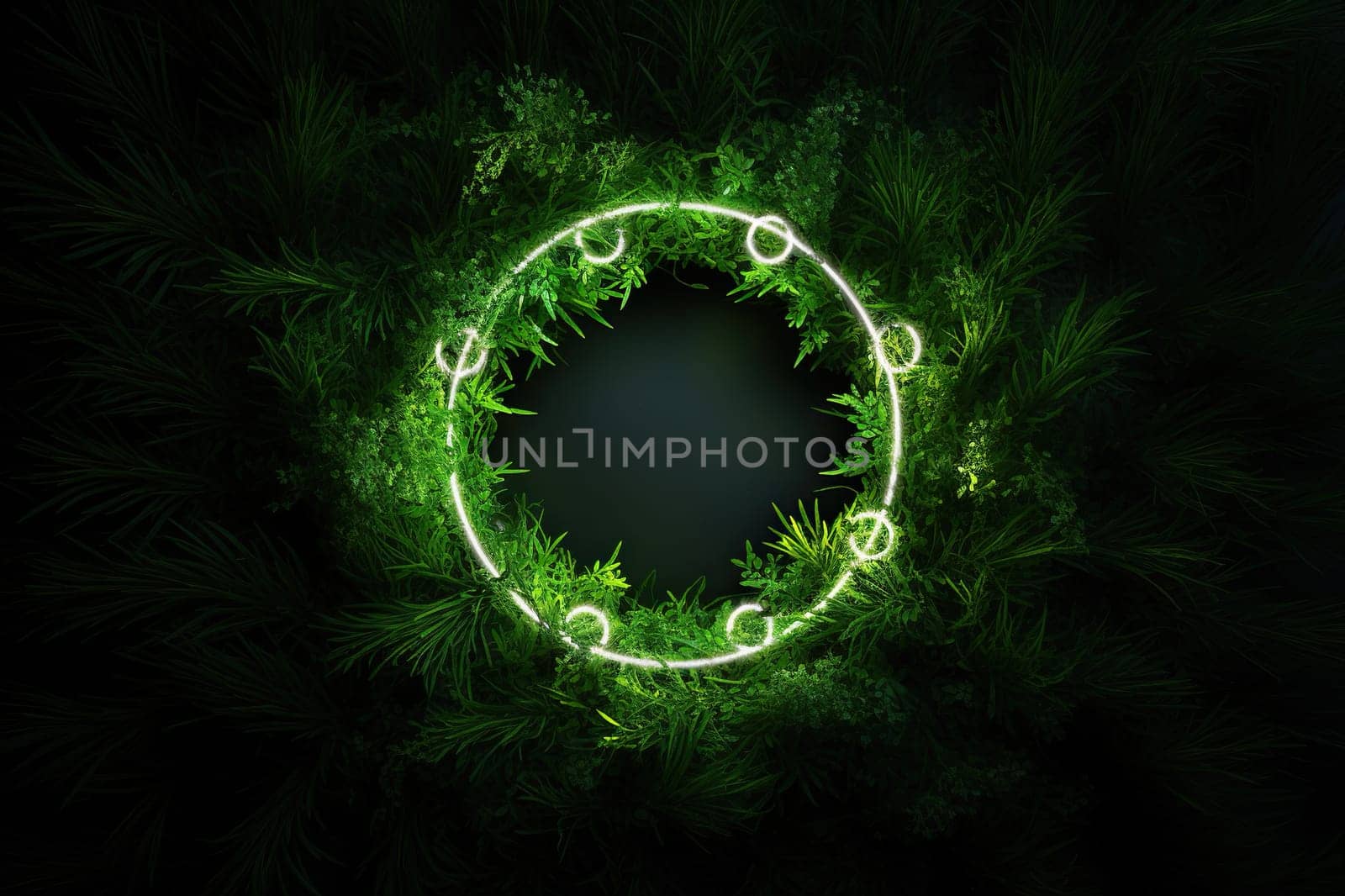 A glowing neon circle in the middle of dense greenery in the dark. The concept of ecology, eco products.