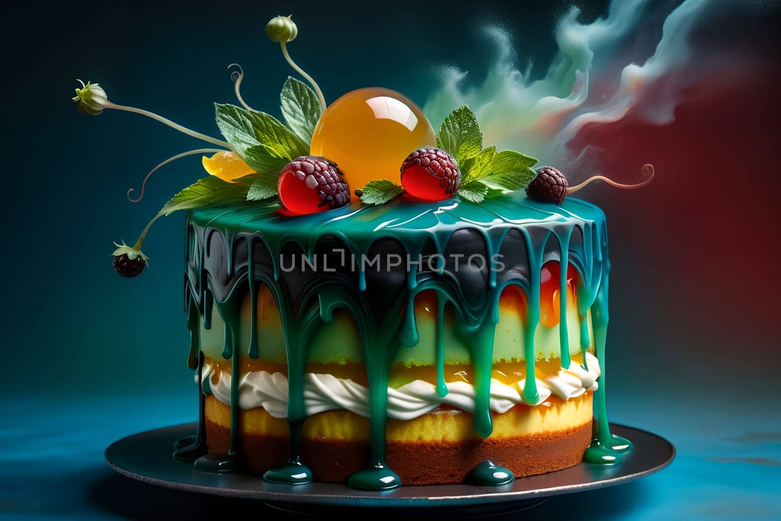 fruit cake with syrup, cream and fruits on a green background. AI generated image.