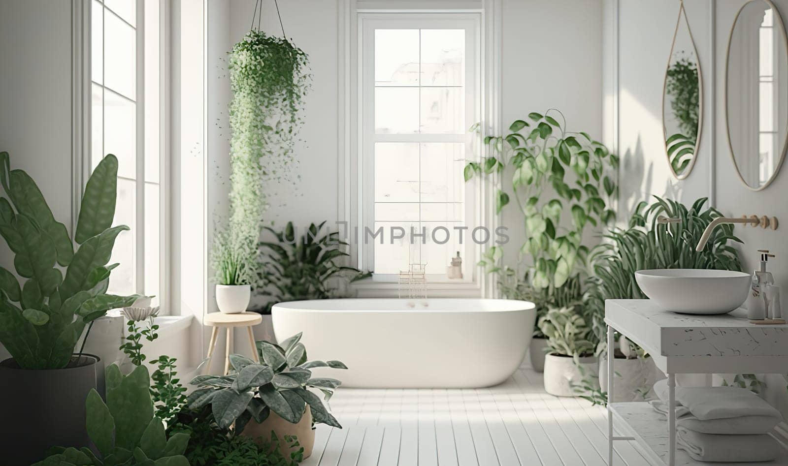 Soft native organic shapes look of bathroom with big window oval bathtub with lights and Green palm plants in selfcare wellness luxury living by Jyliana