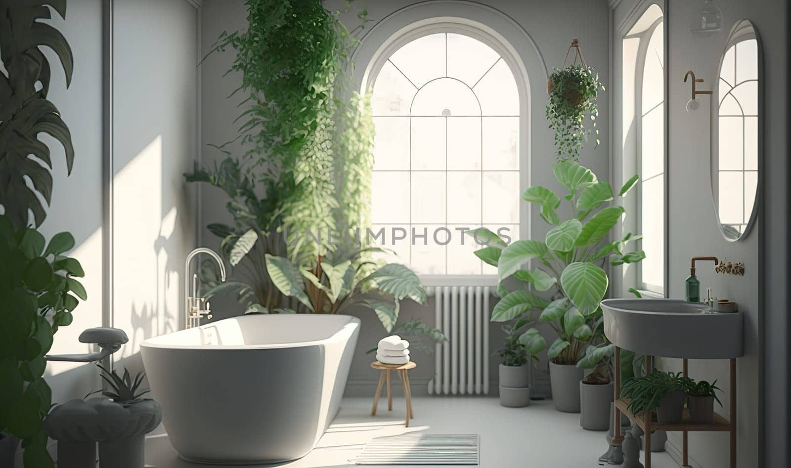 Soft native organic shapes look of bathroom with big window oval bathtub with lights and Green palm plants in selfcare wellness luxury living by Jyliana