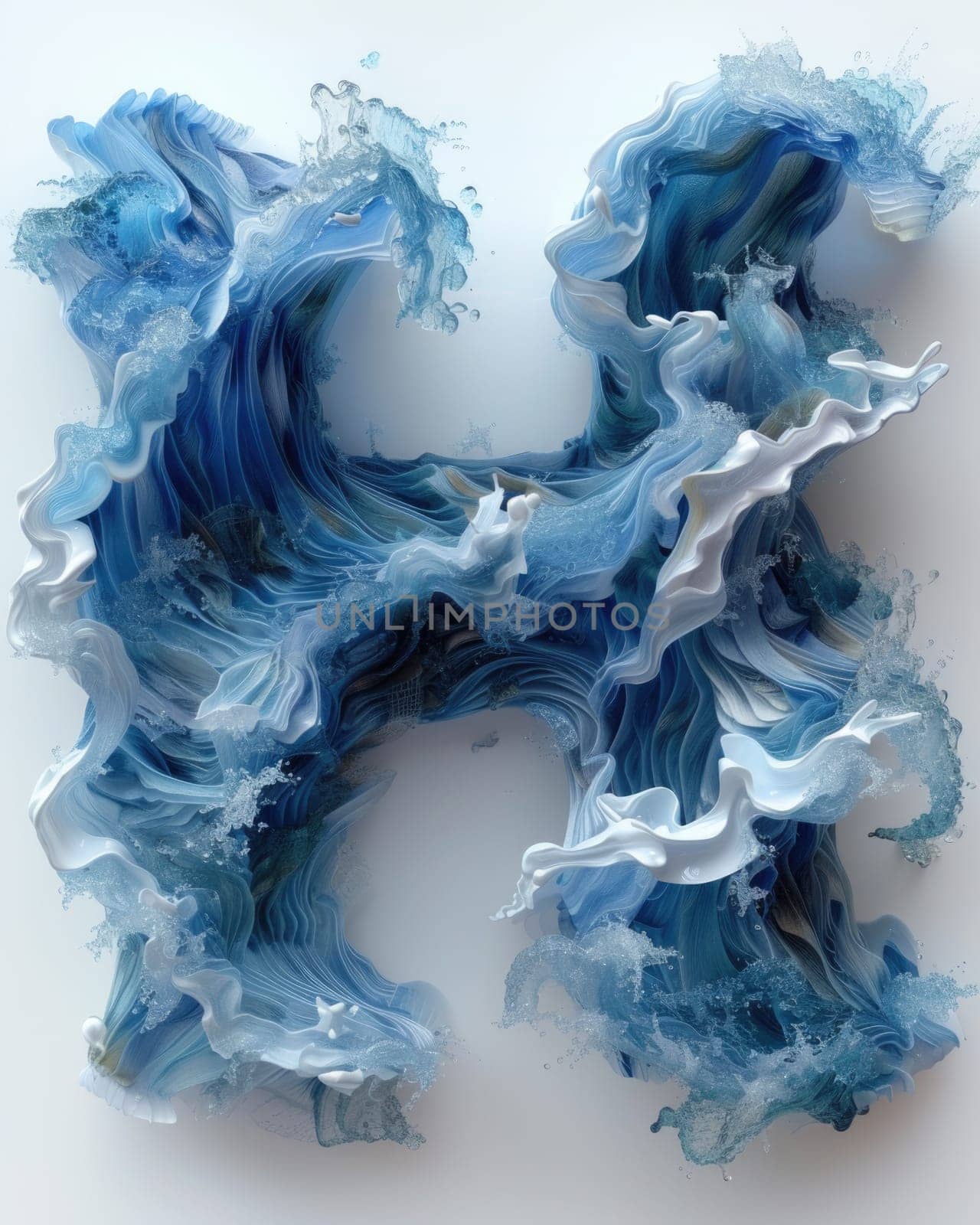 A letter formed using blue and white paint floats amidst the waves of the sea.