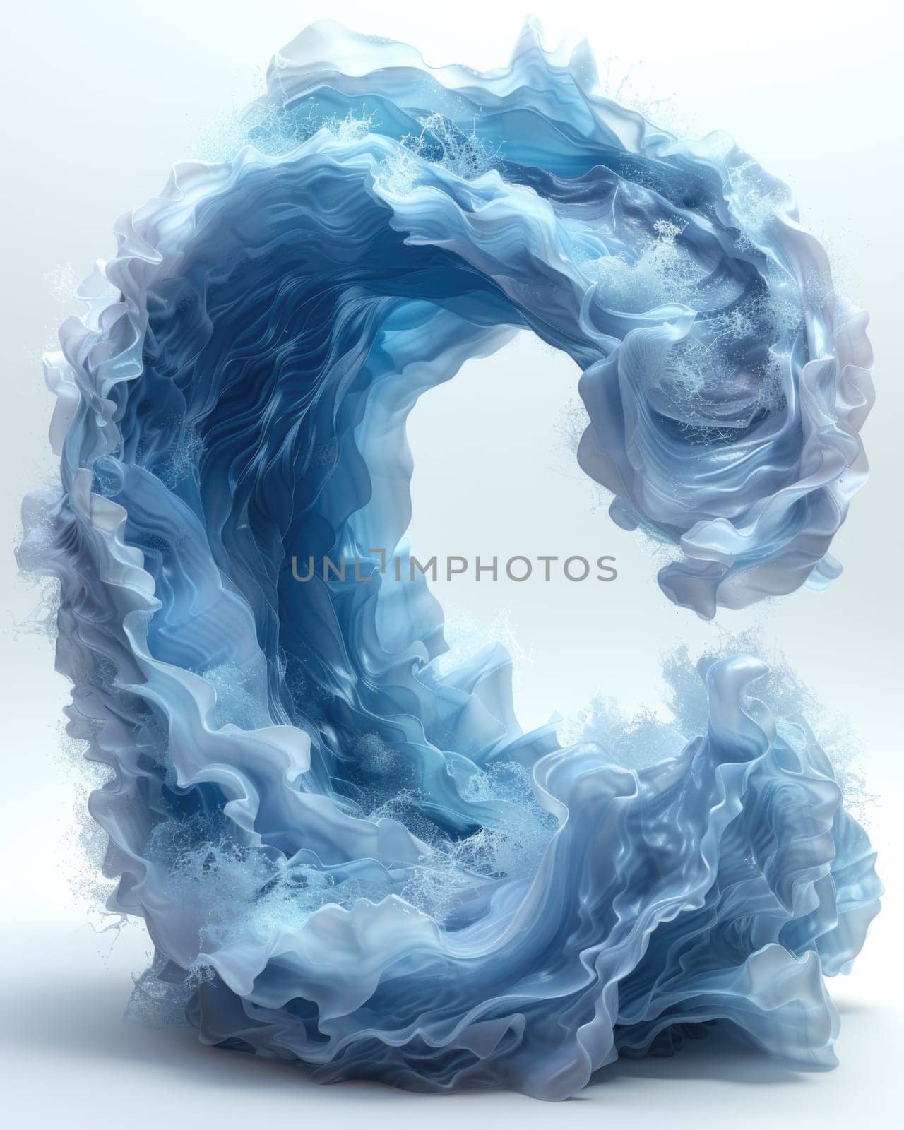 A visually striking letter formed by swirling patterns of blue and white on a background resembling the sea.