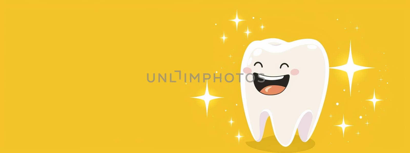 Cute smiling, glowing tooth isolated on a bright yellow background with copy space