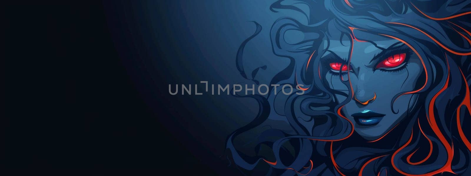 Portrait of a ghostly medusa isolated on dark blue background with copy space