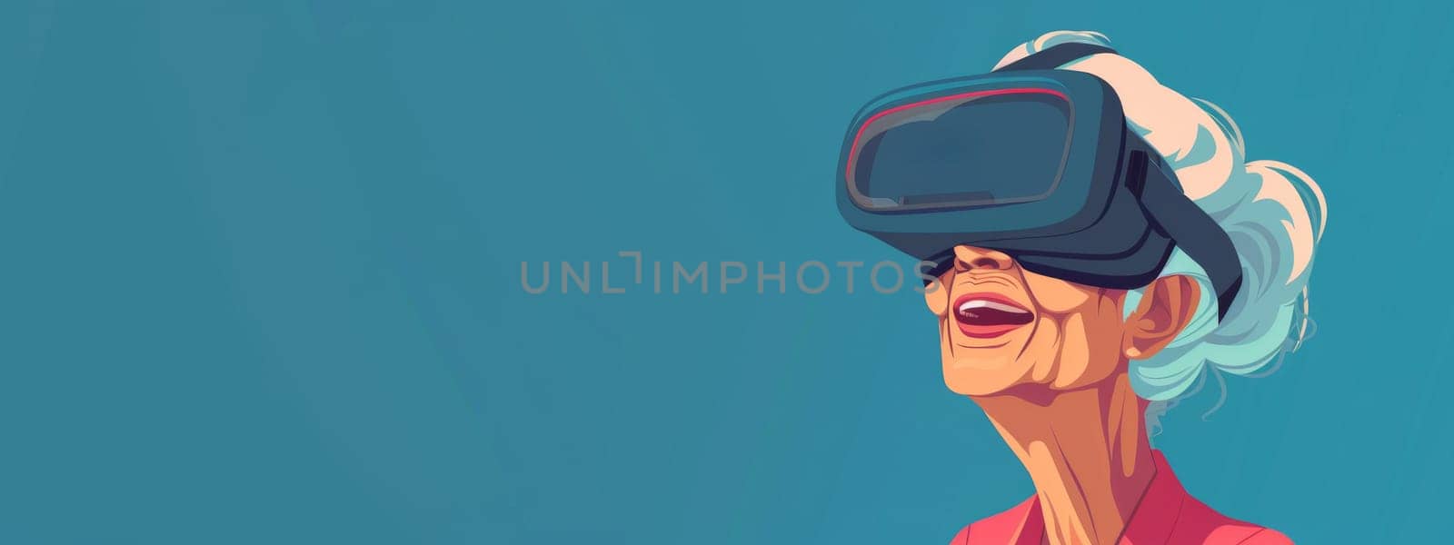 Senior woman with a VR set enjoying virtual reality world isolated on the blue background with copy space
