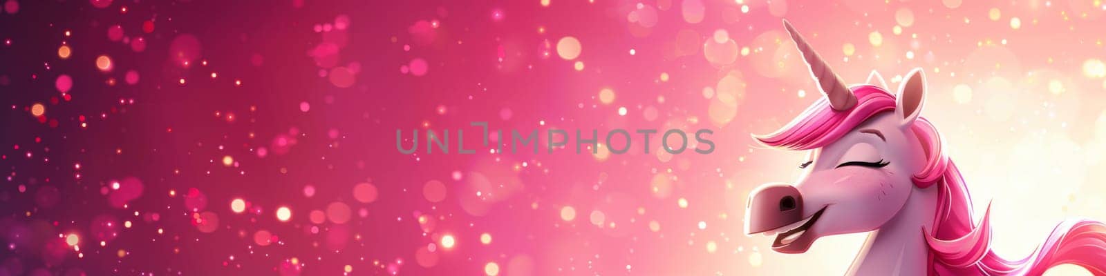 Smiling and laughing lovely, pink unicorn isolated on the bright, glowing, pink background with copy space by Kadula
