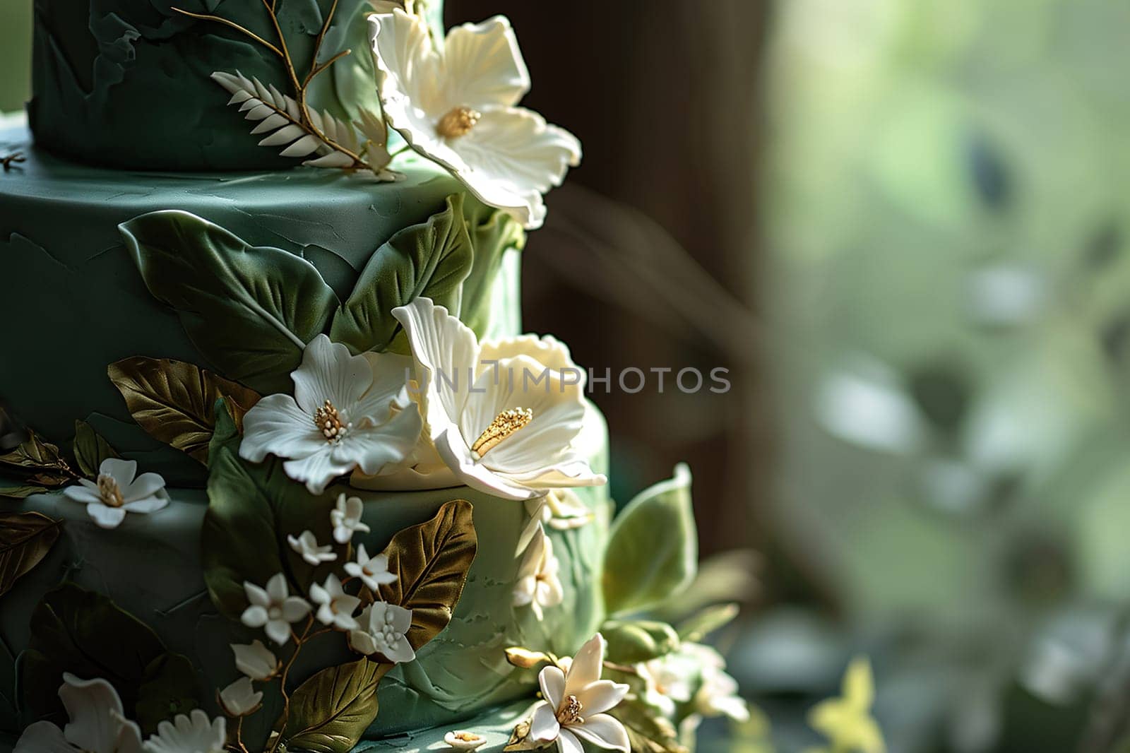 Elegant wedding cake with white flowers.