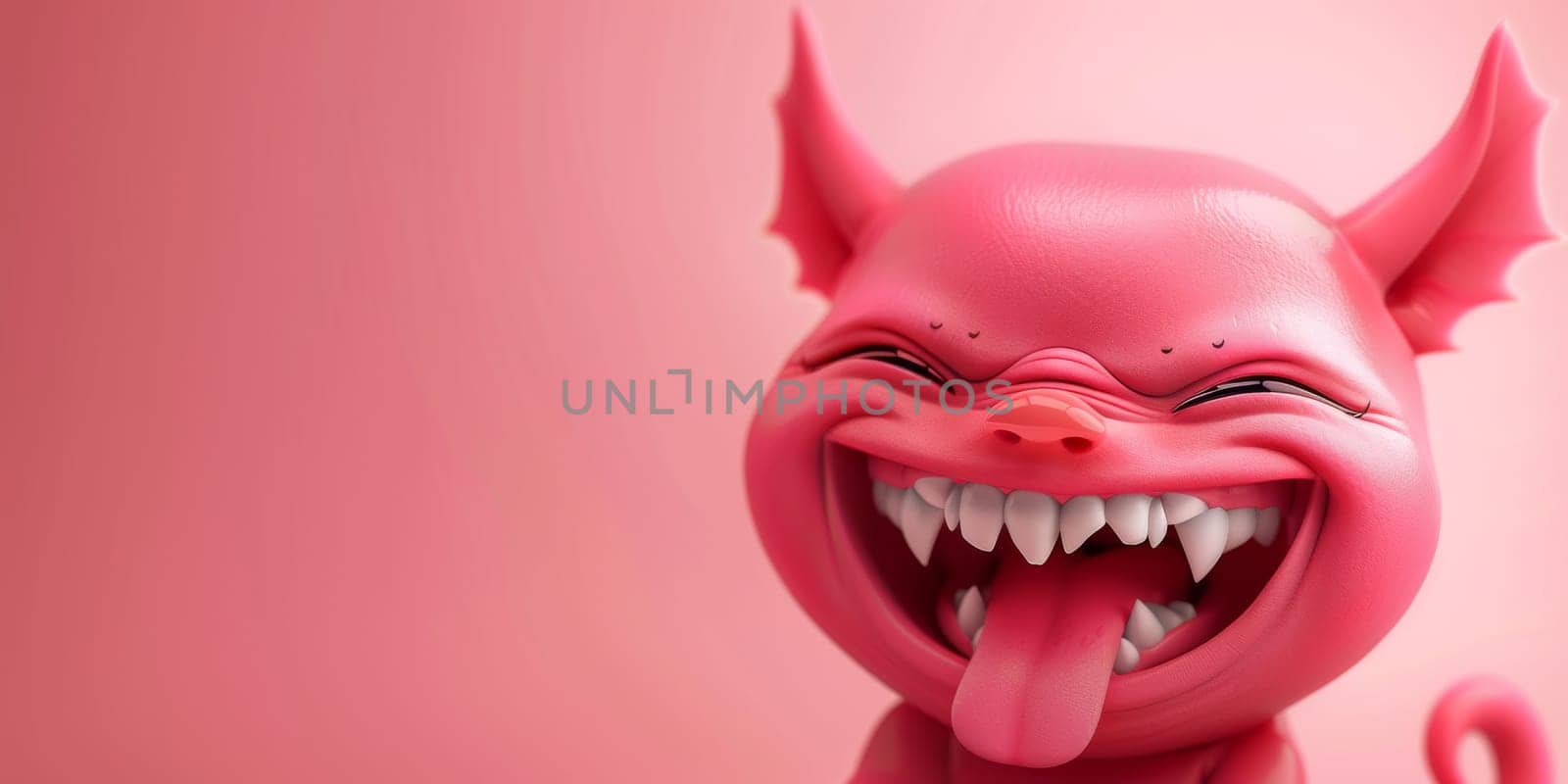 Little, baby devil smiling and sticking out his tongue, isolated on a bright pink background with copy space