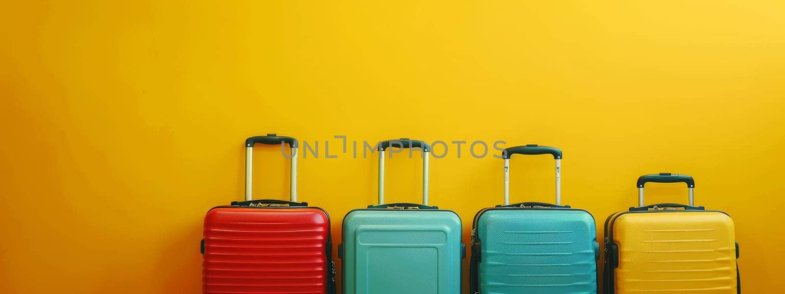 Colorful luggage isolated on yellow background, traveling concept