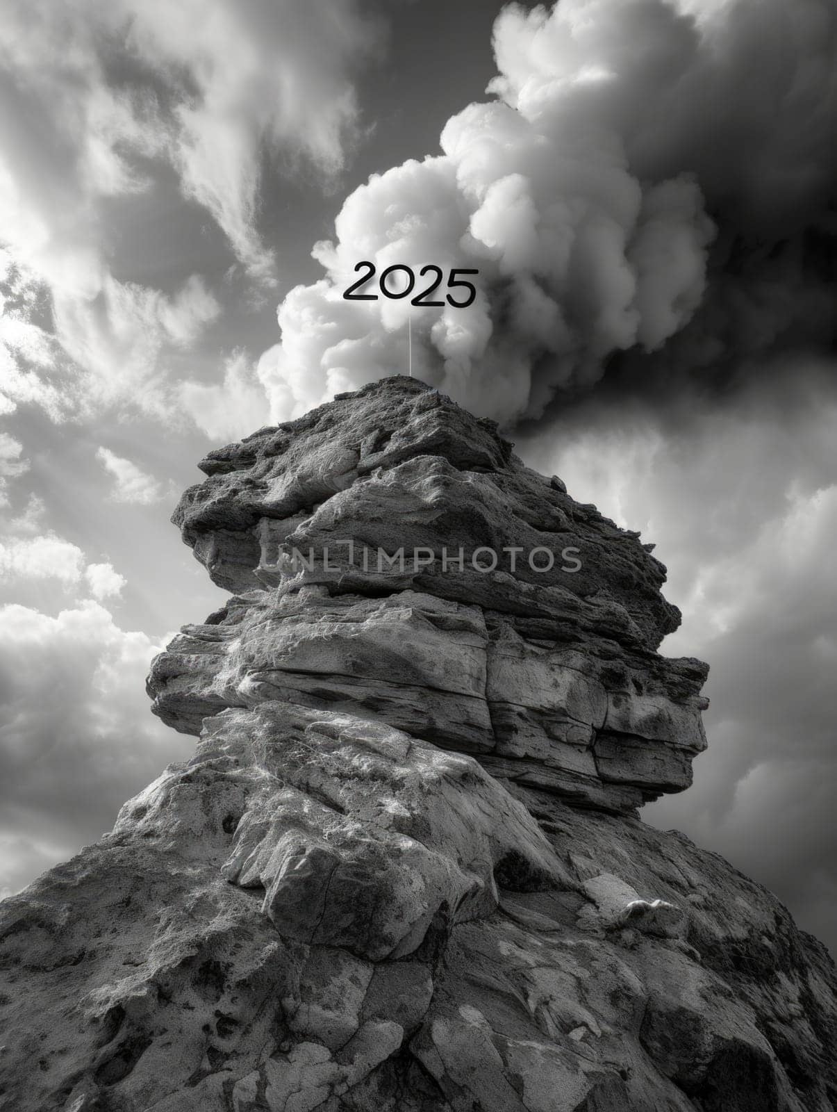 A striking black and white photograph showcasing a magnificent rock formation in its natural splendor.