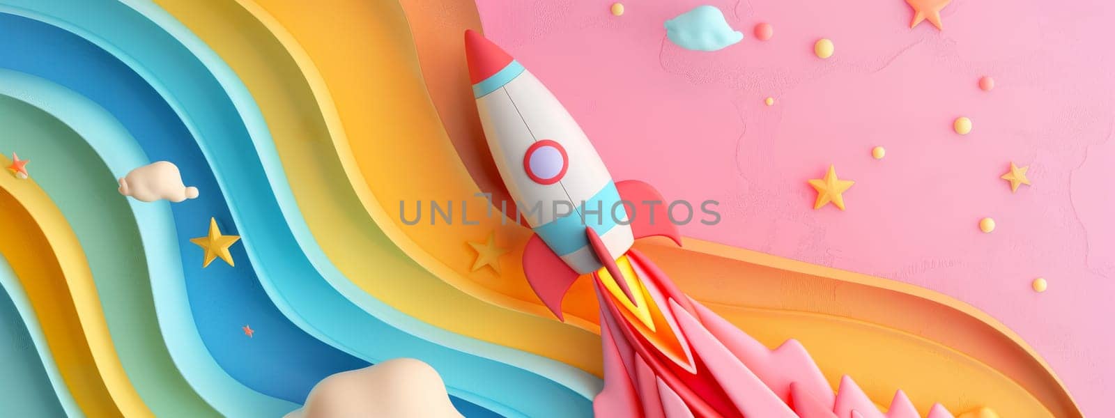 rocket on a pastel colorful background, child visualization concept