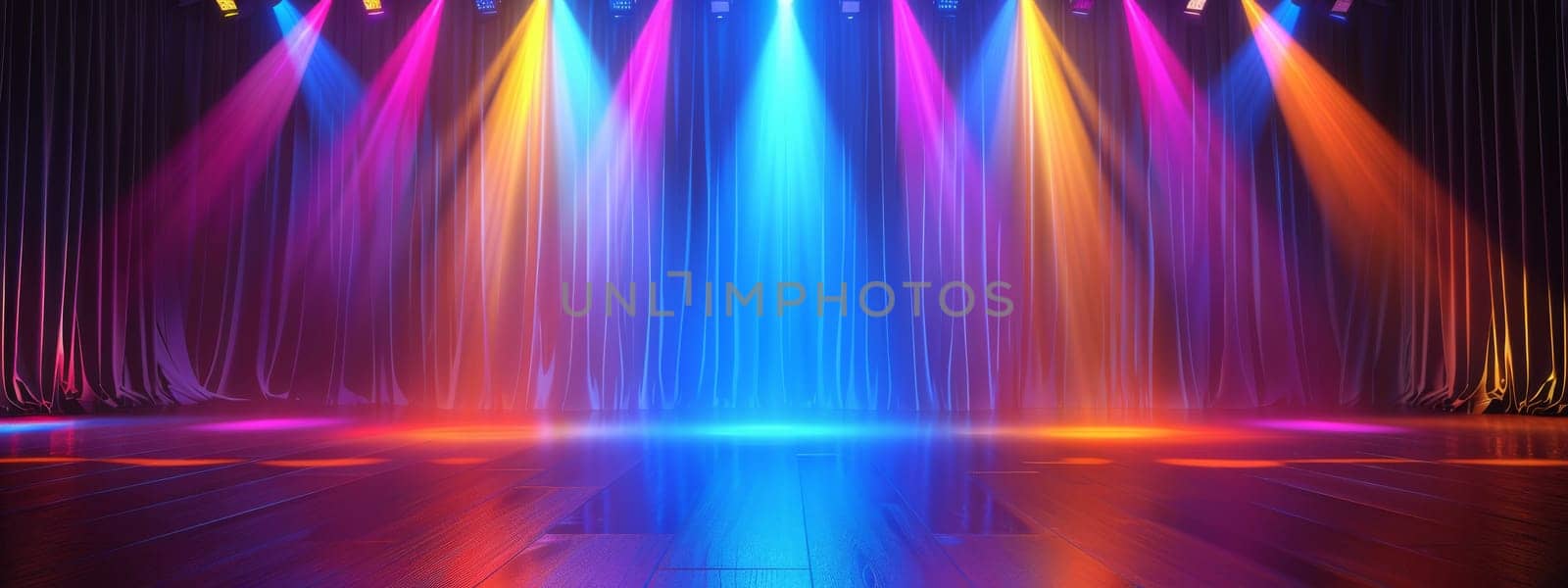 Stage for a performance with colorful lights around with copy space