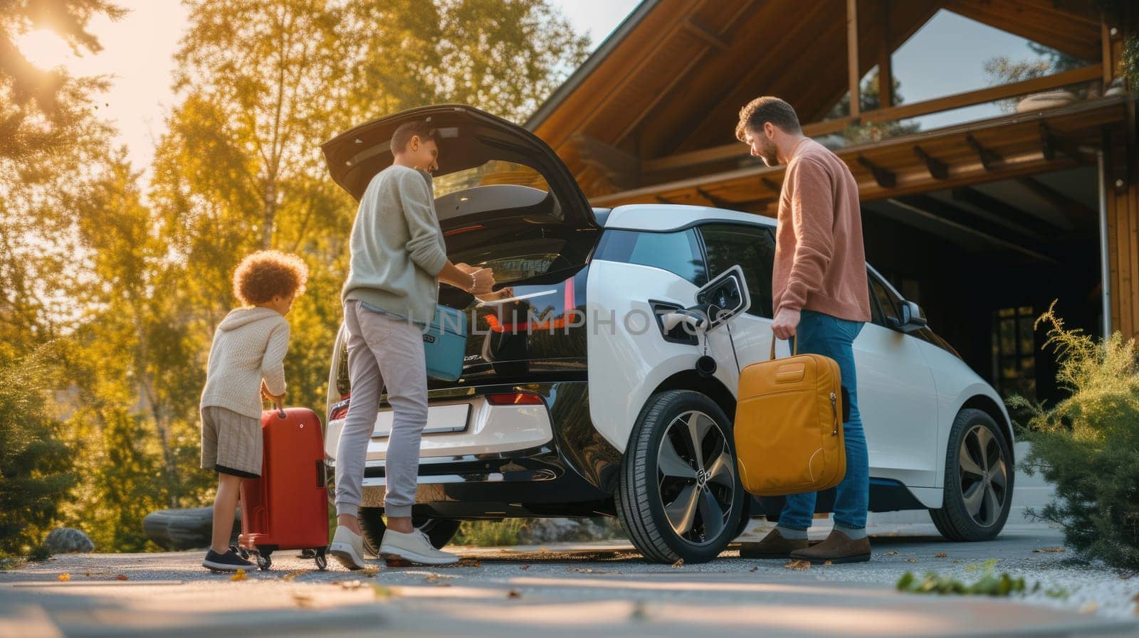 A family is loading luggage into the rear of their vehicle for a leisurely travel, surrounded by trees and plants. AIG41