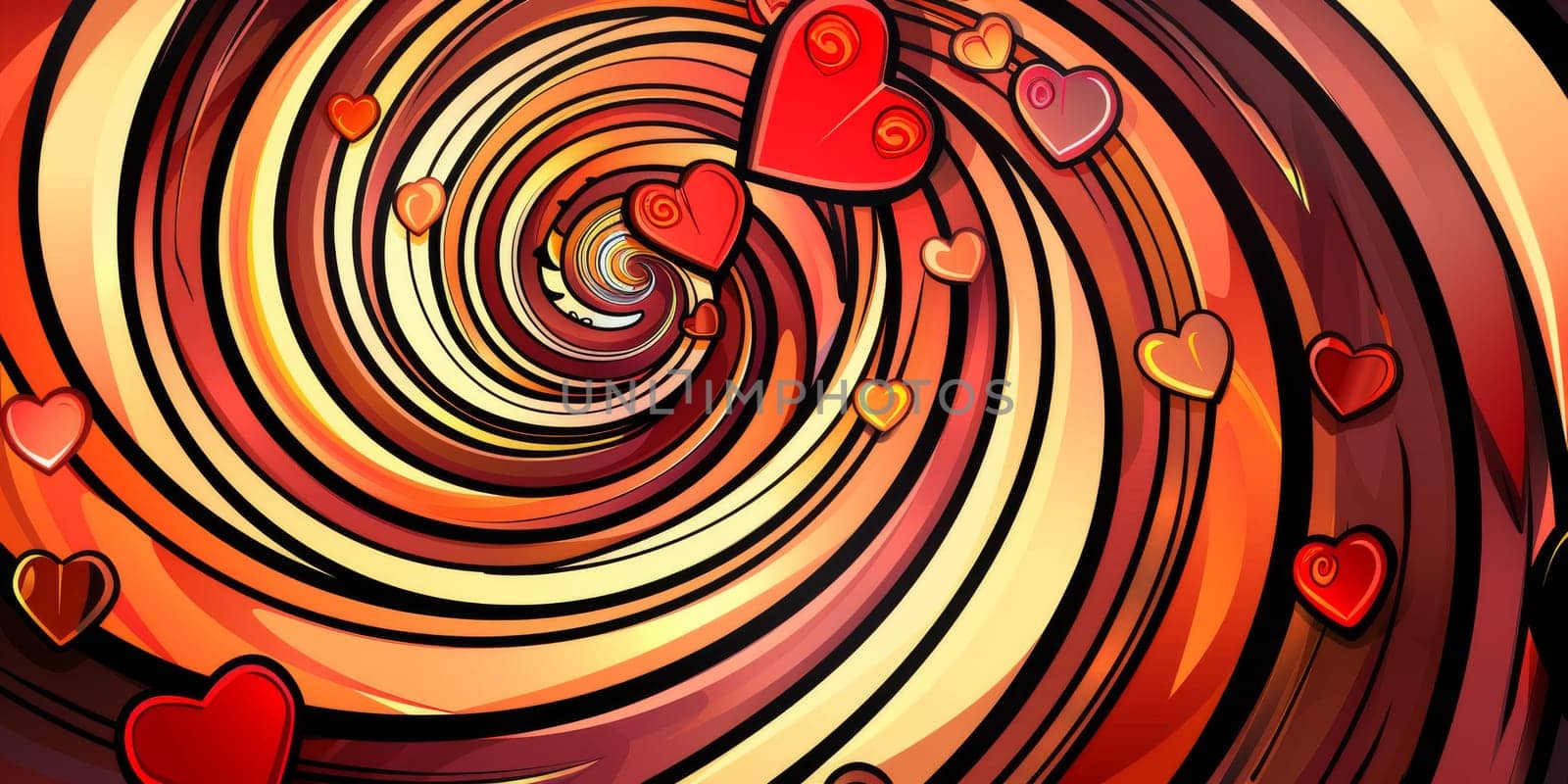 Warm color of spiral with love icons around, carousel of falling in love and falling in love again concept by Kadula