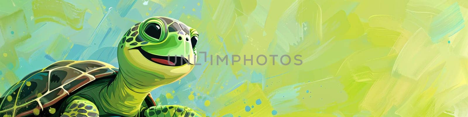 Lovely, cute, smiling baby turtle isolated on a bright green and blue background with copy space